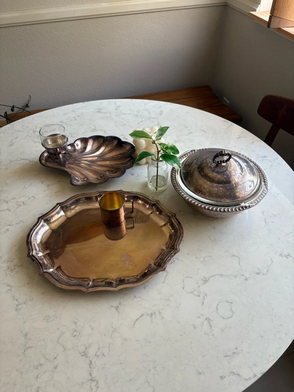 Vintage Silver-Tone Decorative Serving Tray and Bowl Set -